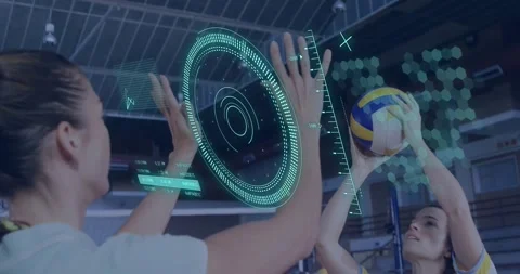 Animation of scope scanning and data processing over caucasian women playing Stock Footage 329760753