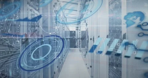 Animation of scope scanning and data processing over tech room with computer Stock Footage 329781447