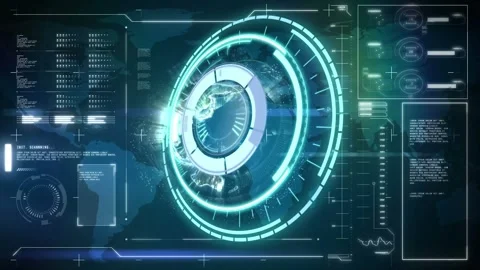 Animation of scope scanning and data processing over world map Stock Footage 329848821