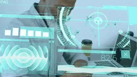 Animation of scope scanning and data processing over strong man exercising Stock Footage 330247986