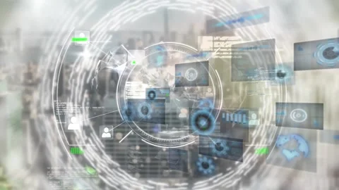 Animation of scope scanning and data processing over empty office Stock Footage 330724566