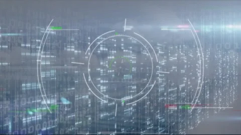 Animation of scope scanning and data processing over tech room Stock Footage 330771131