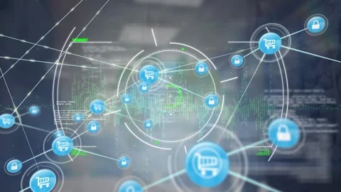 Animation of scope scanning and data processing over network of digital icons Stock Footage 330776190