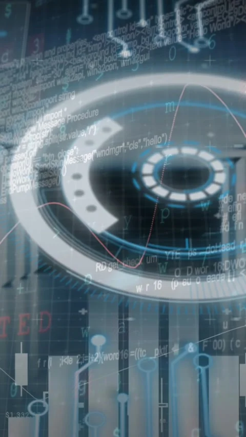 Animation of scope scanning and data processing over tech room with computer Stock Footage 331649740