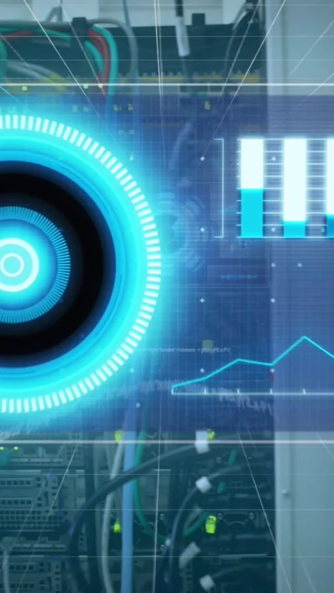 Animation of scope scanning and data processing over computer server Stock Footage 341918007
