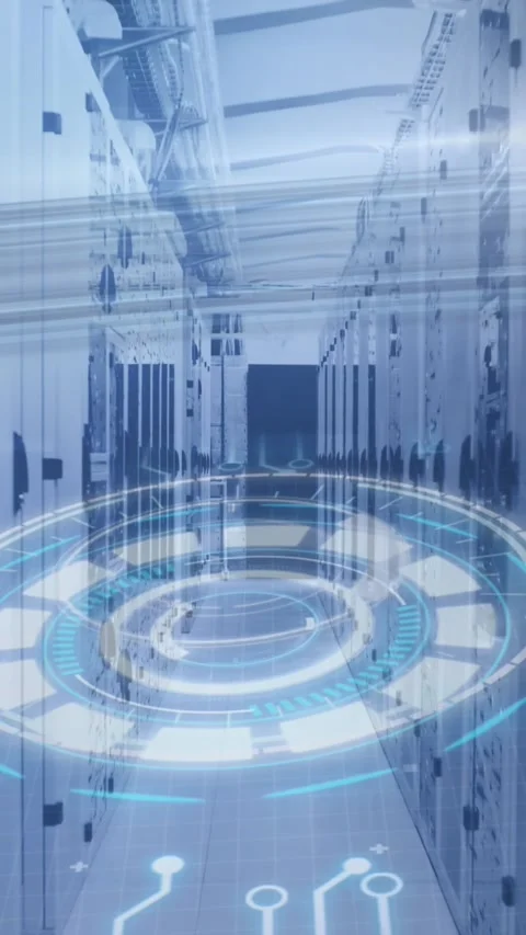 Animation of scope scanning and data processing over tech room with computer Video stock 341952829