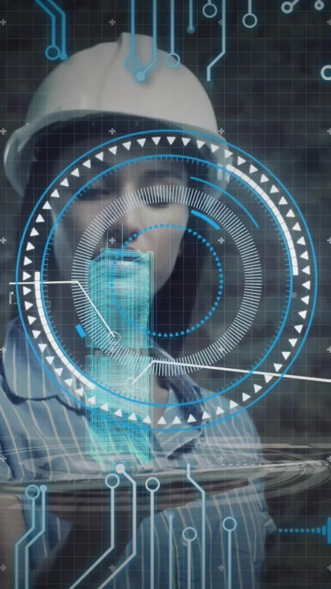 Animation of scope scanning and data processing over female architect holding Stock Footage 342136220