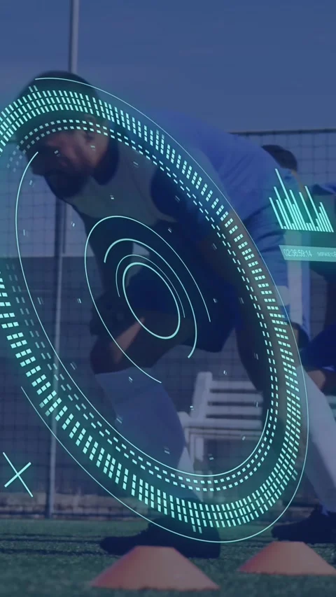 Animation of scope scanning and data processing over diverse male football Stock Footage 342704572