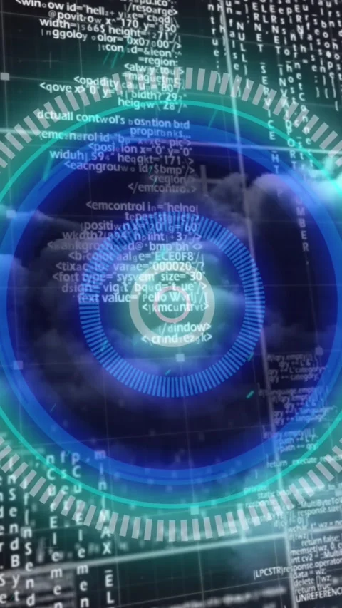 Animation of scope scanning and data processing over clouds and grid in Stock Footage 343079632