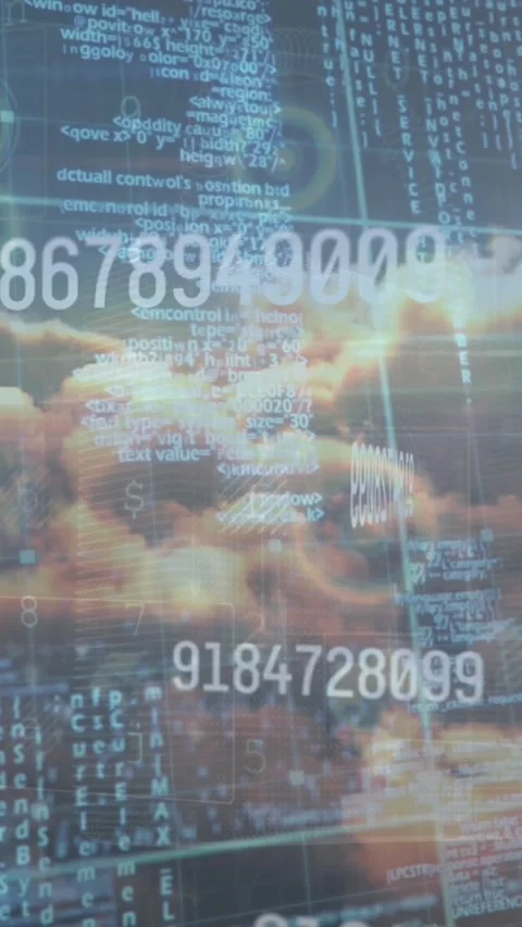 Animation of scope scanning and data processing over sky with clouds Stock Footage 343682553