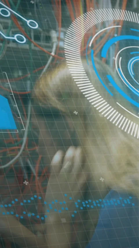 Animation of scope scanning and data processing over caucasian it woman computer Stock Footage 343778708