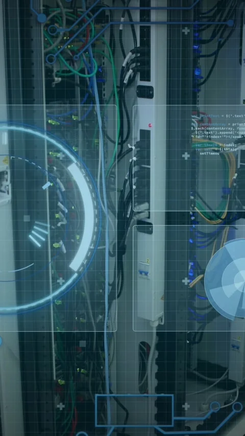 Animation of scope scanning and data processing over caucasian it woman computer Stock Footage 343778709