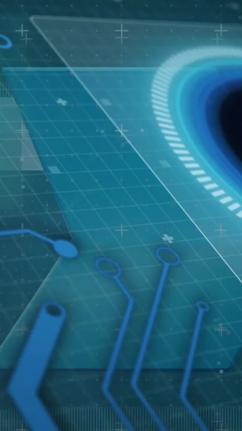 Animation of scope scanning and data processing on screens over computer circuit Stock Footage 343867512