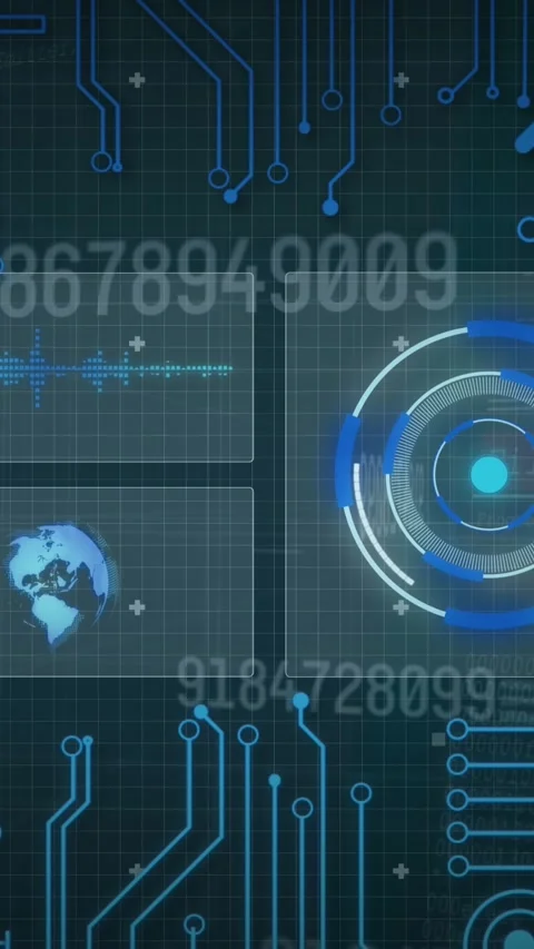 Animation of scope scanning and data processing on screens over computer circuit Stock Footage 343867520