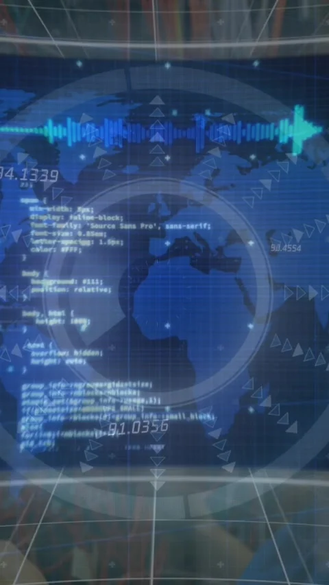 Animation of scope scanning and data processing with world map over caucasian Stock Footage 343955207