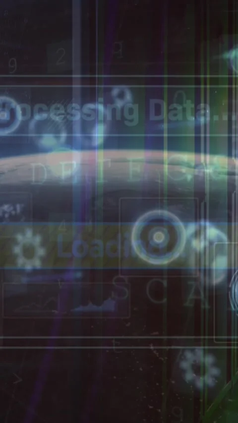 Animation of scope scanning and data processing over globe and server room Stock Footage 343996079