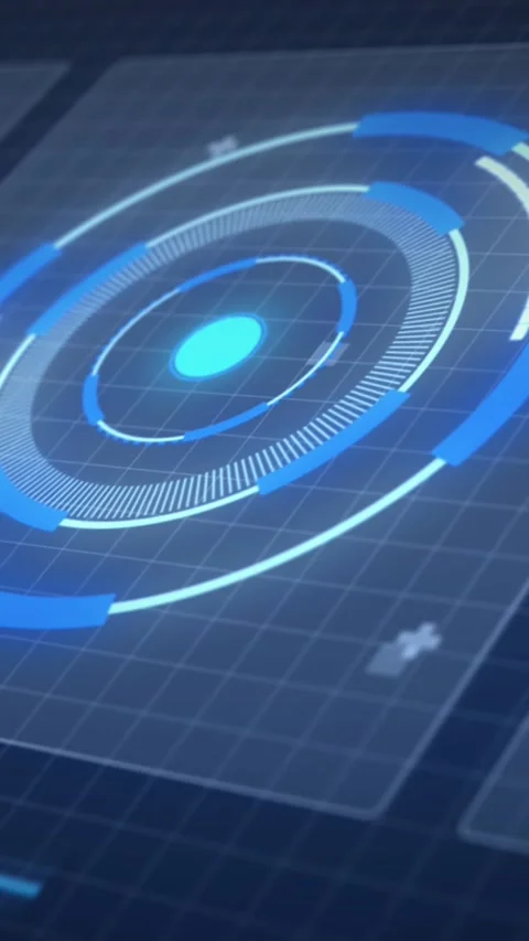 Animation of scope scanning and data processing over screens and grid Stock Footage 344774383