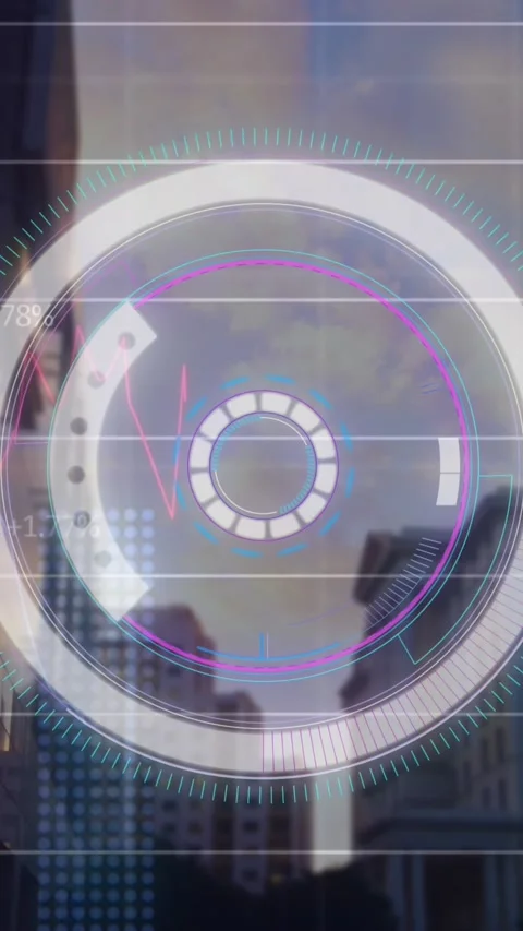Animation of scope scanning and data processing over cityscape Stock Footage 344783151
