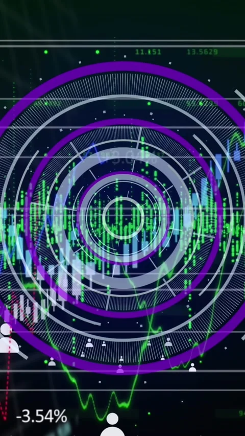 Animation of scope scanning and financial data processing over grid Stock Footage 343955491