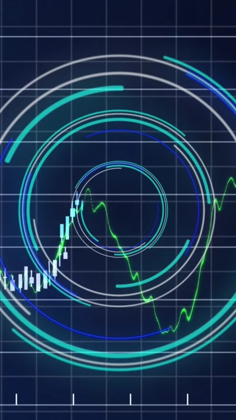 Animation of scope scanning and financial data processing over grid Stock Footage 343955504