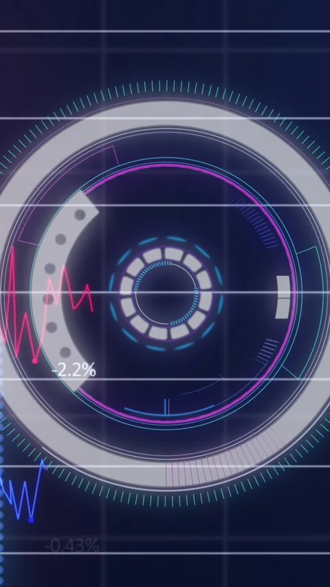 Animation of scope scanning and financial data processing over grid Stock Footage 343996241