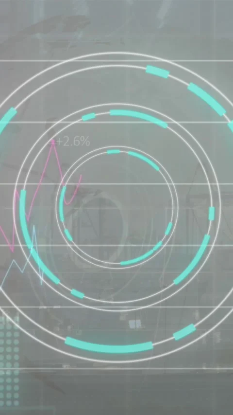 Animation of scope scanning and financial data processing over cityscape Stock Footage 344669281