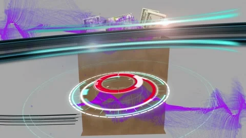 Animation of scope scanning and light trails over box with banknotes on grey Stockbeeldmateriaal 329766250