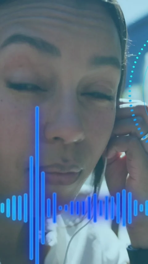 Animation of scope scanning and music graphic equalizer over woman using Stock Footage 342004107