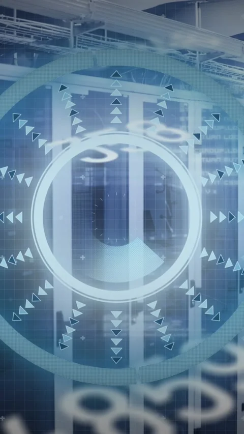 Animation of scope scanning and numbers changing over tech room with computer Stock Footage 331646452