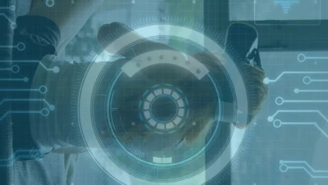 Animation of scope scanning and processor elements over woman wearing vr headset Video stock 312486352