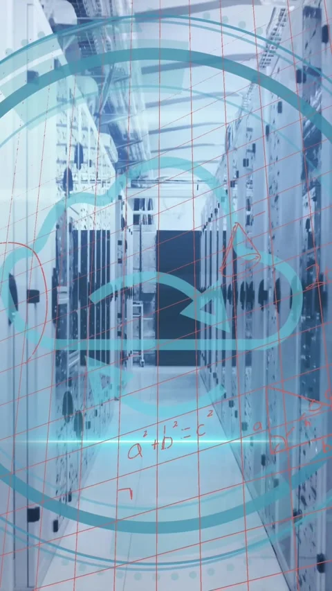 Animation of scope scanning and scope scanning over tech room with computer Stock Footage 321853037