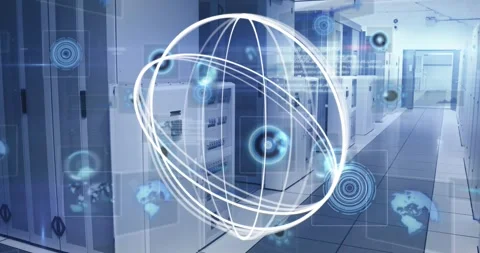 Animation of scope scanning and scope scanning over tech room with computer Stock Footage 327002935