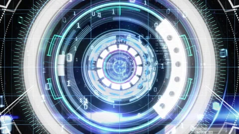 Animation of scope scanning, binary coding and data processing over grid in Stock Footage 148586510