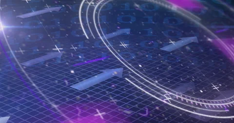 Animation of scope scanning, binary coding and blue arrows on grid background Stock Footage 148750946