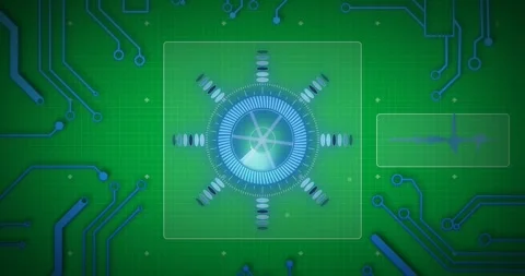 Animation of scope scanning with blue computer circuit board elements Stock Footage 325030744