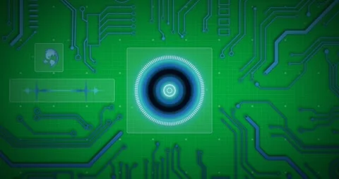 Animation of scope scanning with blue computer circuit board elements Stock Footage 325366706