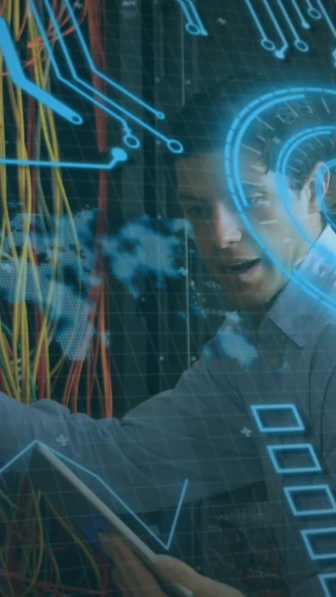 Animation of scope scanning, circuit board over caucasian it man and woman Stock Footage 344766319