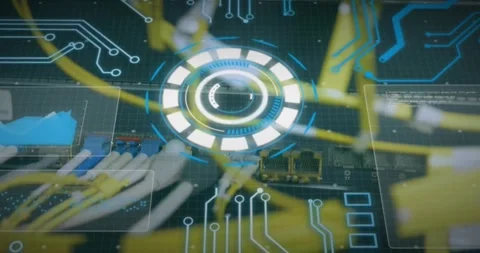 Animation of scope scanning with computer circuit board over wires Stock Footage 328520748