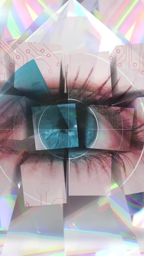 Animation of scope scanning with cubes and eye over glowing crystals Stock Footage 323899396