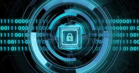 Animation of scope scanning with data processing over padlock icon on black Vídeos de archivo 307469093