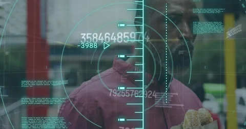 Animation of scope scanning with data processing over african american man Stockbeeldmateriaal 310867989