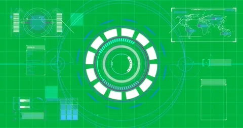 Animation of scope scanning, data processing and world map over grid background Stock Footage 325484564