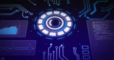Animation of scope scanning with data processing over computer circuit board on Stock Footage 327713623