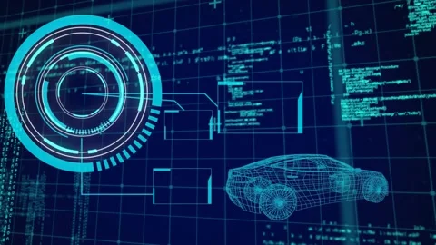 Animation of scope scanning with data processing over digital car model on black Stock Footage 329509585
