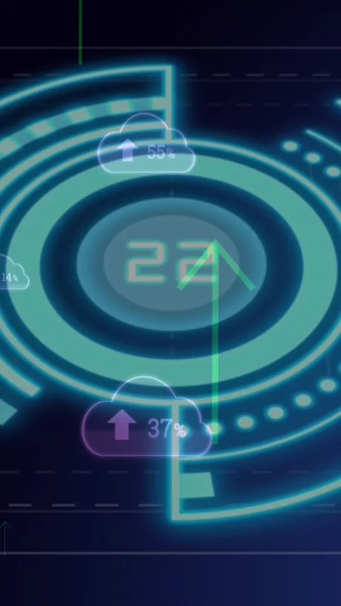 Animation of scope scanning with data processing over cloud icons and shapes Stock Footage 341953237