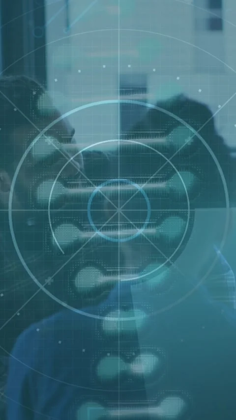 Animation of scope scanning with data processing and dna strand over diverse Stock Footage 343682353