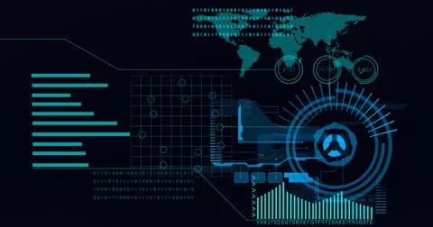Animation of scope scanning, data processing and world map on black background Stock Illustration