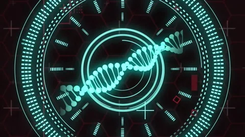 Animation of scope scanning with dna strand over diagrams and data processing Video stock 312916931
