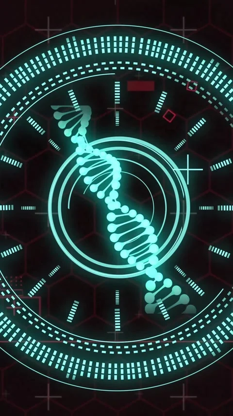Animation of scope scanning with dna strand over diagrams and data processing Video stock 320378802