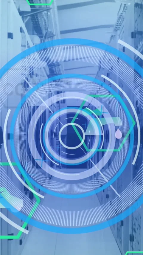 Animation of scope scanning, eco icons and data processing over computer servers Stock Footage 343498068